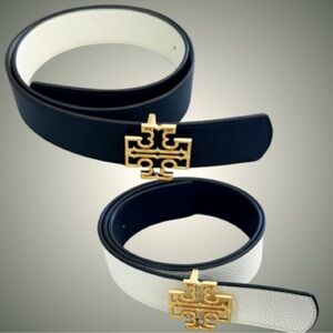 Tory Burch Britten Logo Reversible Blue White
Gold Logo Leather Belt | M